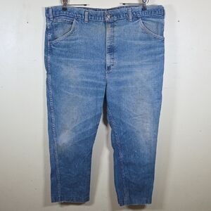 VTG KEY Saddle King Faded Distress Blue Denim 44x25.5 Jeans USA Suspender Button